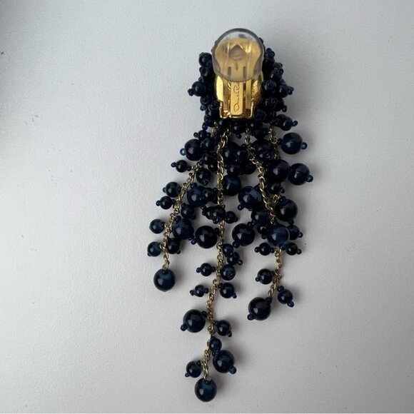 Women’s Oscar De La Renta,Azure Beaded Cascade ClipOn Earrings-4”.NavyBlue/Gold. - Picture 10 of 13